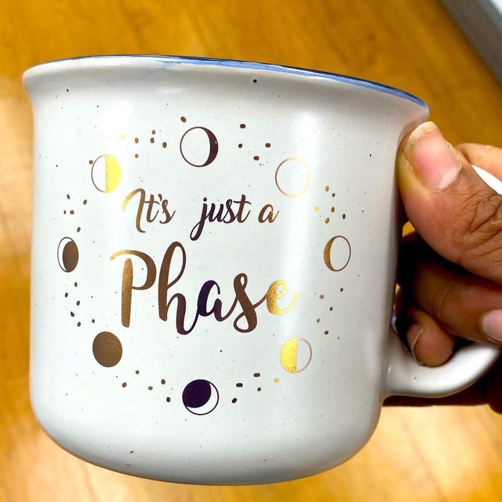 “It’s Just a Phase” Lunar Phase and Stars Coffee Mug White Gold and Blue